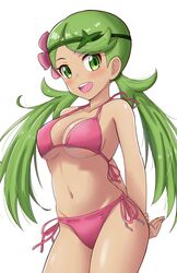  absurdres arms_behind_back bikini breasts commentary_request cowboy_shot female flower green_eyes green_hair green_headband hair_flower hair_ornament headband highres long_hair maho_(corotonton5150) mallow_(pokemon) medium_breasts open_mouth pink_bikini pokemon pokemon_sm side-tie_bikini_bottom simple_background smile solo swept_bangs swimsuit tan teeth twintails upper_teeth_only white_background 