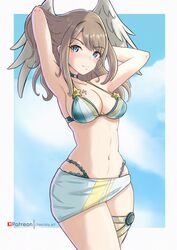  arms_up artist_name bikini blue_eyes breast_tattoo breasts brown_hair chascoby cleavage eunie_(xenoblade) female head_wings highres looking_at_viewer navel official_alternate_costume patreon_logo patreon_username sarong smile solo stomach swimsuit tattoo wings xenoblade_chronicles_(series) xenoblade_chronicles_3 