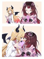  2girls absurdres android blonde_hair blush breasts brown_hair cellphone check_commentary cleavage coat commentary_request demon_girl demon_horns demon_wings gradient_hair green_eyes hiccup highres holding holding_phone hololive hood hoodie horn_ornament horn_ring horns implied_kiss large_breasts long_hair long_sleeves multicolored_hair multiple_girls official_alternate_costume phone pink_hair pink_hoodie pink_shirt pointy_ears roboco-san roboco-san_(hoodie) satobitob shirt short_hair smartphone virtual_youtuber white_coat wings yellow_eyes yuri yuzuki_choco yuzuki_choco_(1st_costume) 