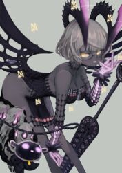  absurdres animal_skull baphomet_(fate) bare_shoulders bent_over black_dress breasts cleavage dark-skinned_female dark_skin demon_girl dress fate/grand_order fate_(series) feet_out_of_frame female glasses grey_background grey_hair highres horns jacques_de_molay_(foreigner)_(fate) jacques_de_molay_(foreigner)_(third_ascension)_(fate) kanbara_erika looking_at_viewer medium_breasts short_dress short_hair tongue tongue_out yellow_eyes 