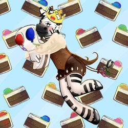  1:1 accessory alternative_fashion angry annoyed anthro blush bottomwear bow_ribbon burger_king cake clothed clothing crown dessert embarrassed equid equine finn_the_zebra food fur hair_accessory hair_ribbon hairbow headgear hooves hug j-fashion male mammal ouji_(fashion) pattern_background ribbons shorts simple_background solo striped_body striped_fur stripes tangerinefrosting topwear translucent translucent_clothing vest zebra 