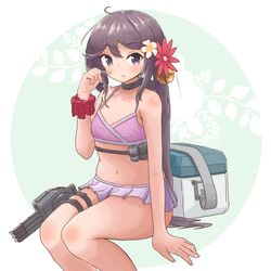  aaoi ahoge akebono_(kancolle) akebono_kai_ni_(kancolle) akebono_kai_ni_(swimsuit_mode)_(kancolle) alternate_hairstyle bell bikini bikini_skirt box commentary_request cooler feet_out_of_frame female flat_chest flower grey_eyes grey_hair hair_bell hair_flower hair_ornament highres jingle_bell kantai_collection long_hair official_alternate_costume pink_bikini red_scrunchie scrunchie side_ponytail sitting solo swimsuit torpedo_launcher 