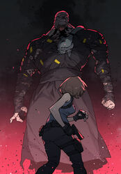  1boy brown_hair dark_background female fingerless_gloves from_behind gloves gun handgun highres jill_valentine monster_boy nemesis_(resident_evil) resident_evil resident_evil_3:_nemesis resident_evil_3_(remake) short_hair showdown ssambatea standing tank_top weapon 