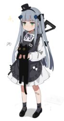  aged_down animal apron assault_rifle bandaid bandaid_on_knee bandaid_on_leg black_apron black_cat black_footwear blunt_bangs blush bow bowtie bug butterfly checkered_bow checkered_bowtie checkered_clothes closed_mouth cross dress facial_mark facial_tattoo feline female girls&#039;_frontline green_eyes grey_hair grey_socks gun h&amp;k_hk416 hair_ornament hair_ribbon hat highres hk416_(black_kitty&#039;s_gift)_(girls&#039;_frontline) hk416_(girls&#039;_frontline) holding holding_animal holding_cat long_hair long_sleeves mini_hat official_alternate_costume over_shoulder ribbon rifle shadow sidelocks simple_background socks solo sparkle standing tattoo teardrop teardrop_tattoo two_side_up weapon weapon_over_shoulder white_background white_dress x_hair_ornament yuki_hotaru 