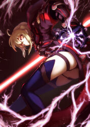  absurdres ahoge armor artoria_pendragon_(fate) ass black_coat black_gloves blonde_hair blue_thighhighs braid braided_bun breastplate coat energy_sword expressionless fate/grand_order fate_(series) female gloves glowing glowing_eyes hair_bun highres hood hood_down hooded_coat kanbara_erika looking_at_viewer mysterious_heroine_x_alter_(fate) mysterious_heroine_x_alter_(third_ascension)_(fate) red_eyes solo sword thighhighs weapon 