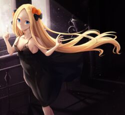  abigail_williams_(fate) bare_shoulders black_dress blonde_hair blue_eyes blush bow breasts cucchiore dress fate/grand_order fate_(series) female hairbow long_hair looking_at_viewer multiple_hair_bows parted_bangs small_breasts smile solo very_long_hair 