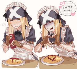  1boy absurdres alternate_costume apron axl_low bad_id bad_twitter_id bandana bbhdrrr black_bow black_bowtie blonde_hair blue_eyes blush bow bowtie closed_eyes crossdressing embarrassed enmaided fingerless_gloves food forced_smile frilled_apron frills gloves guilty_gear guilty_gear_strive heart heart_hands highres ketchup korean_text long_hair looking_at_viewer maid maid_apron maid_headdress male_focus male_maid omelet omurice open_mouth smile speech_bubble sweat translation_request watch white_background 