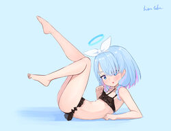  :p arona_(blue_archive) bare_arms bare_shoulders barefoot bikini black_bikini blue_archive blue_background blue_eyes blue_hair blush commentary feet female flat_chest frilled_bikini frills full_body hair_over_one_eye hair_over_shoulder hairband halo highres hirotaka0125 legs legs_up light_blue_hair looking_at_viewer lying medium_hair multicolored_hair on_back pink_hair signature simple_background solo swimsuit tongue tongue_out two-tone_hair white_hairband 