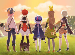  5girls absurdres aged_up ahoge alternate_costume alternate_hair_length alternate_hairstyle animal_ears backpack bag bag_charm bandaged_leg bandages bell black_legwear black_pants black_scarf boots bow braid brown_footwear brown_gloves brown_hair cabbie_hat candy_rimo cape cat_ears cat_girl cat_tail charm_(object) chinese_clothes clover_print commentary daruma_doll detached_sleeves diona_(genshin_impact) dodoco_(genshin_impact) double_bun english_commentary fishnets from_behind full_body genshin_impact gloves hair_bun hair_ornament hair_ribbon hairbow hat hat_feather hat_ornament height_difference highres holding_hands japanese_clothes jiangshi klee_(genshin_impact) knee_boots light_brown_hair long_hair long_sleeves low_ponytail low_twintails muji-muji_daruma_(genshin_impact) multiple_girls ninja ofuda orb pants pink_hair pointy_ears purple_hair qingdai_guanmao qiqi_(genshin_impact) randoseru ribbon sayu_(genshin_impact) scarf short_hair short_sleeves shorts sidelocks single_braid standing tail thighhighs twilight twintails vision_(genshin_impact) white_hair yaoyao_(genshin_impact) yin_yang yin_yang_orb yuegui_(genshin_impact) zettai_ryouiki 