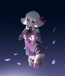  armor bare_shoulders bikini_armor blue_background breasts collar commentary detached_sleeves doufu_(pixiv9093484) dress fate/grand_order fate_(series) female floral_print gradient_background hair_ribbon hands_on_own_cheeks hands_on_own_face highres jewelry kama_(fate) kama_(first_ascension)_(fate) looking_at_viewer lotus_print metal_collar miniskirt petals pink_ribbon purple_dress purple_skirt purple_sleeves purple_thighhighs ribbon ring short_hair skirt small_breasts solo thighhighs thighlet thighs white_hair 