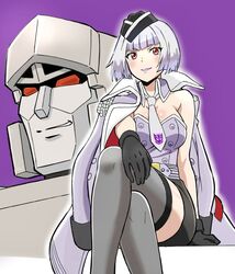  absurdres black_gloves black_skirt black_thighhighs blush breasts collarbone crossed_legs decepticon detached_collar female garrison_cap gloves grey_hair hand_on_own_leg hat highres jacket jacket_on_shoulders komagoma kotobukiya_bishoujo looking_at_viewer mecha medium_breasts megatron megatron_(kotobukiya_bishoujo) parted_lips pencil_skirt purple_jacket purple_lips purple_shirt robot shirt short_hair sitting skirt smile smirk strapless strapless_shirt thighhighs transformers transformers:_generation_1 