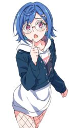  :o blue_hair blue_jacket denim denim_jacket dolphin_hair_ornament female fishnets glasses hood hoodie jacket karahai_(31448823) nijisanji nishizono_chigusa nishizono_chigusa_(2nd_costume) oerba_yun_fang open_mouth red_eyes round_eyewear short_hair skin_fang solo transparent_background virtual_youtuber white_hoodie 