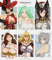  absurdres ahoge black_hair blonde_hair breasts brown_hair cleavage commentary dark_souls_(series) dark_souls_i english_commentary english_text erune fire_emblem fire_emblem:_three_houses granblue_fantasy green_eyes green_hair guilty_gear hashtag highres i-no ilsa_(granblue_fantasy) large_breasts long_hair looking_at_viewer mole mole_above_mouth multiple_drawing_challenge multiple_girls queen_of_sunlight_gwynevere red_eyes rhea_(fire_emblem) sendo_(sendrawz) senran_kagura shikishima_mirei six_fanarts_challenge valkyrie_drive valkyrie_drive_-mermaid- white_background yumi_(senran_kagura) 