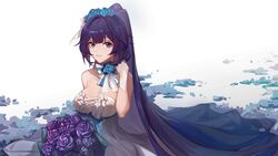  absurdres bad_id bad_pixiv_id bare_shoulders blue_eyes blue_flower blue_rose bouquet bow breasts chinese_commentary cleavage collarbone commentary_request dress female flower frilled_dress frills gloves hair_flower hair_ornament hand_up high_ponytail highres honkai_(series) honkai_impact_3rd long_hair looking_at_viewer medium_breasts parted_lips purple_flower purple_hair purple_rose raiden_mei raiden_mei_(valkyrie_bladestrike) rose simple_background smile solo straight_hair strapless strapless_dress very_long_hair white_background white_bow white_dress white_gloves xianyu_liang 