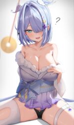  ? absurdres aqua_eyes bare_shoulders black_panties blue_hair blue_nails blush breasts cleavage coin coin_on_string collarbone commentary elira_pendora elira_pendora_(2nd_costume) english_commentary female fur_trim hair_ornament hair_over_one_eye hairclip head_wings heart heart-shaped_pupils highres holed_coin hypnosis japanese_clothes kimono large_breasts looking_at_viewer mind_control mole mole_on_armpit nail_polish nijisanji nijisanji_en oerba_yun_fang off_shoulder open_mouth panties ruru_(ruru_nnnn) short_hair simple_background single_thighhigh sitting skirt solo sweat symbol-shaped_pupils thigh_strap thighhighs thighs underwear virtual_youtuber wings 