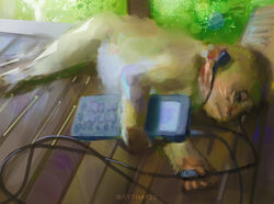  2020 amazing_background ambiguous_gender brown_body brown_fur day detailed detailed_background digital_media_(artwork) digital_painting_(artwork) earbuds electronics feral fur haplorhine headphones hi_res humor listening_to_music lying mammal meme monkey mood music_player on_side outside painterly pink_body pink_skin primate reaction_image rythaze sad solo yellow_body yellow_fur 