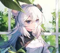  arknights blue_eyes bun_cover chinese_clothes chinese_commentary commentary_request feather_hair female highres indoors long_hair looking_at_viewer mulberry_(arknights) mulberry_(plant_crude_drug)_(arknights) official_alternate_costume parted_lips solo upper_body white_hair window yunweishukuang 