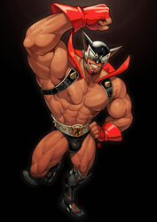  1boy abs absolum_art absurdres armpits bara biceps black_background boots borrowed_character bulge capelet chest_belt fingerless_gloves flexing full_body gloves hand_on_own_hip highres large_pectorals leather leather_belt leather_boots male_focus male_underwear manly mask mature_male muscular muscular_male nipples no_pants no_shirt pectorals pose simple_background smirk solo teeth thick_arms thick_thighs thighs underwear zark_(rokudenashi) zark_the_squeezer 