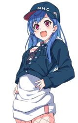  baseball_cap blue_hat blue_jacket denim denim_jacket dolphin_hat_ornament fanny_pack female fishnets flower hair_behind_ear hands_on_own_hips hat hat_ornament hood hoodie jacket karahai_(31448823) nijisanji nishizono_chigusa nishizono_chigusa_(2nd_costume) oerba_yun_fang open_mouth purple_eyes simple_background skin_fang smile solo streetwear transparent_background virtual_youtuber white_flower white_hoodie 