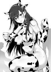  absurdres animal_ears animal_print bad_id bad_pixiv_id bare_shoulders bell blush breasts clenched_hands closed_mouth collar cow_ears cow_girl cow_horns cow_print cow_tail dawalixi elbow_gloves fake_animal_ears female final_fantasy final_fantasy_vii gloves greyscale highres horns leotard long_hair looking_at_viewer monochrome neck_bell simple_background solo_focus squatting tail thighhighs tifa_lockhart white_background 