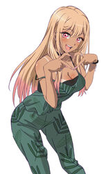  :d absurdres bare_shoulders blonde_hair bracelet breasts cleavage dark-skinned_female dark_skin earrings fake_nails female floral_print ganguro green_pants gyaru heart heart_hands highres jewelry kitagawa_marin loose_clothes loose_shirt multicolored_hair official_art open_mouth pants piercing pink_hair pink_nails print_pants print_shirt red_eyes ring round_teeth shirt smile solo sono_bisque_doll_wa_koi_wo_suru strap_slip tan tanlines teeth tongue yamazaki_jun 