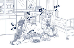  2girls animal_ears bed beef blue_theme bow bowtie braid cabinet commentary_request ear_bow ear_ornament eating food french_braid frilled_skirt frills hairband horse_ears horse_girl horse_tail horseshoe_ornament infirmary loafers long_hair mg_mg miniskirt monochrome multicolored_hair multiple_girls oguri_cap_(umamusume) pleated_skirt puffy_short_sleeves puffy_sleeves sailor_collar sailor_shirt school_uniform shirt shoes short_hair short_sleeves sitting skirt special_week_(umamusume) steak steam taguchi_kenji_(omaep) tail tail_through_clothes thighhighs too_much_food tracen_school_uniform turkey_(food) two-tone_hair umamusume wariza yakitori 