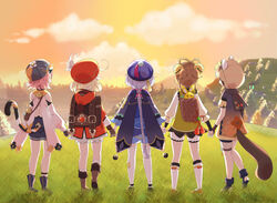  3d_background 5girls absurdres ahoge animal_ears animal_hood backpack backpack_basket bag basket bell black_scarf black_shorts bloomers boots bow braid brown_footwear brown_gloves brown_hair cabbie_hat candy_rimo cape cat_ears cat_girl cat_tail chinese_clothes coat commentary detached_sleeves diona_(genshin_impact) english_commentary fake_animal_ears fake_tail from_behind full_body genshin_impact gloves hair_ribbon hairbow hat hat_feather hat_ornament highres holding_hands hood hooded_coat japanese_clothes jiangshi klee_(genshin_impact) knee_boots kneehighs light_brown_hair long_hair long_sleeves low_ponytail low_twintails multiple_girls ninja ofuda orb outdoors pink_hair pointy_ears puffy_shorts puffy_sleeves purple_hair qingdai_guanmao qiqi_(genshin_impact) raccoon_ears raccoon_tail randoseru red_coat red_headwear ribbon sayu_(genshin_impact) scarf short_hair short_sleeves shorts sidelocks single_braid socks standing tail thighhighs twilight twin_braids twintails underwear vision_(genshin_impact) white_socks white_thighhighs yaoyao_(genshin_impact) yin_yang yin_yang_orb yuegui_(genshin_impact) 