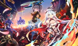  5girls absurdres ahoge armor armored_leotard back black_hair black_pants blue_eyes blue_jacket bow bowtie breasts bronya_zaychik bronya_zaychik_(wolf&#039;s_dawn) brown_jacket brown_shorts cleavage closed_mouth drill_hair earrings fu_hua fu_hua_(valkyrie_accipiter) full_body gauntlets glasses gloves grey_eyes grey_hair hair_ornament hairbow highres holding holding_sword holding_weapon honkai_(series) honkai_impact_3rd jacket jewelry kiana_kaslana kiana_kaslana_(herrscher_of_flamescion) long_hair long_sleeves looking_at_viewer miwrin multiple_girls murata_himeko murata_himeko_(vermillion_knight) orange_bow orange_bowtie outdoors pants ponytail purple_hair red_hair shorts sirin smile sunset sword twin_drills wavy_hair weapon white_gloves white_hair yellow_eyes 