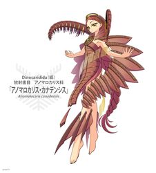  anomalocaris barefoot braid brown_hair carapace commentary_request expressionless female full_body highres jun075 long_hair looking_at_viewer orange_eyes original outstretched_arms personification solo spread_arms very_long_hair white_background 