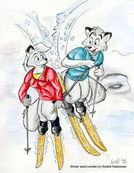  1998 anthro arctic_fox blue_clothing blue_topwear canid canine clothing duo english_text eye_contact female fox leafdog looking_at_another lorelei_sikorsky male mammal outside red_clothing red_topwear signature ski skiing snow sportswear text topwear true_fox victor_sikorsky white_body 