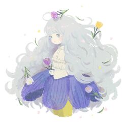  ayu_(mog) big_hair blouse blue_eyes blush closed_mouth cowboy_shot english_commentary female flower grey_eyes grey_hair hair_flower hair_ornament holding holding_flower long_hair long_sleeves looking_at_viewer mixed-language_commentary original pantyhose purple_flower purple_skirt purple_tulip shirt simple_background skirt solo standing tulip very_long_hair white_background white_flower white_shirt white_tulip yellow_flower yellow_pantyhose yellow_tulip 