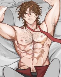  1boy abs brown_hair chest_hair facial_hair gallagher_(honkai:_star_rail) goatee_stubble hairy highres honkai:_star_rail honkai_(series) looking_at_viewer male_focus medium_hair necktie on_bed pants red_necktie solo_focus straddling stubble topless_male upper_body xriuya 