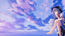  absurdres bare_legs barefoot black_hat blue_hair blue_skirt bow bowler_hat bowtie chunjiu cloud cloudy_sky collared_shirt crossed_bangs crossed_legs diamond_(shape) dusk female flower frilled_skirt frills gradient_sky hand_on_own_knee hat hat_flower head_rest highres hinanawi_tenshi long_hair looking_to_the_side puffy_short_sleeves puffy_sleeves rainbow_order red_bow red_bowtie red_eyes shirt short_sleeves sidelocks sitting skirt sky solo sunlight touhou white_shirt 