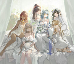  6+girls absurdres barefoot black_eyes black_hair bouquet breasts bridal_veil brown_eyes brown_hair chinese_commentary choker cleavage dark-skinned_female dark_skin detached_sleeves dress feet flower general_liu_(girls&#039;_frontline) girls&#039;_frontline gloves green_eyes hair_flower hair_ornament hairband highres hk416_(girls&#039;_frontline) hk433_(girls&#039;_frontline) holding holding_bouquet jewelry k2_(girls&#039;_frontline) light_brown_hair long_hair looking_at_viewer multiple_girls necklace official_alternate_costume official_art one_eye_closed open_mouth orange_eyes parted_lips pearl_hairband pearl_necklace rose saiga-12_(girls&#039;_frontline) sitting smile soles teardrop_facial_mark teardrop_tattoo thighhighs tiara toes veil wedding_dress white_choker white_dress white_flower white_footwear white_gloves white_hairband white_rose white_thighhighs x95_(girls&#039;_frontline) 