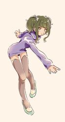  \||/ blue_nails brown_thighhighs closed_mouth commentary_request female flats fujii_tomo full_body green_footwear green_hair highres idolmaster idolmaster_cinderella_girls imay3927 leaning_forward long_sleeves looking_at_viewer medium_hair no_pants outstretched_arms purple_sweater sidelocks simple_background solo sweater thighhighs turtleneck turtleneck_sweater twintails yellow_eyes 