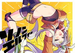  animal_ears bag bandaid breasts detached_sleeves ear_covers green_footwear grey_hair headband horse_ears horse_girl horse_tail long_hair long_sleeves midriff navel open_mouth ponytail purple_eyes shirt skin_tight smile sonon_elfie_(umamusume) tail umamusume yellow_eyes zest_(lossol) 