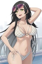  act_(xadachit) bikini bikini_girl_(gta_vi) bikini_girl_(gta_vi)_(cosplay) black_hair breasts cleavage cosplay eyewear_on_head female girls&#039;_frontline grand_theft_auto grand_theft_auto_vi green_eyes hand_on_own_hip highres large_breasts long_hair looking_at_viewer navel o-ring o-ring_bikini o-ring_top python_(girls&#039;_frontline) smile solo sunglasses swimsuit thick_thighs thighs white_bikini 