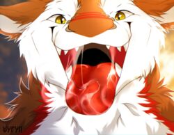  absurd_res anthro bodily_fluids brown_body brown_fur canid canine digital_media_(artwork) fish fur furred_shark hi_res looking_at_viewer male mammal marine mouth_shot odin_(wulframite) open_mouth portrait red_body red_fur ribbed_tongue saliva saliva_on_tongue saliva_string sergal shark sharp_teeth shyryp simple_background smile solo teeth tongue tongue_out white_body white_fur wulframite yellow_ears 