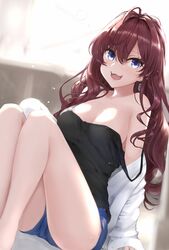  :3 :d ahoge backlighting bad_id bad_pixiv_id bare_shoulders black_tank_top blue_eyes blue_shorts blush breasts brown_hair cleavage commentary_request earrings female highres ichinose_shiki idolmaster idolmaster_cinderella_girls jewelry knees_up lab_coat lamp_p9 large_breasts long_hair long_sleeves looking_at_viewer off_shoulder open_mouth shorts sitting smile solo tank_top thighs wavy_hair 