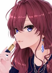  :3 ahoge bad_id bad_pixiv_id blue_eyes blush breasts brown_hair commentary_request cosmetics earrings female hair_between_eyes highres ichinose_shiki idolmaster idolmaster_cinderella_girls jewelry lamp_p9 lipstick lipstick_tube long_hair looking_at_viewer makeup parted_lips pink_nails simple_background smile solo upper_body wavy_hair white_background 