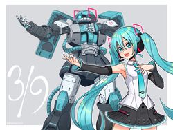  39 aqua_eyes aqua_hair aqua_nails aqua_necktie bare_shoulders black_skirt black_sleeves breasts collared_shirt commentary cosplay crossover date_pun dated detached_sleeves english_commentary eyes_visible_through_hair female gundam hair_ornament hand_on_own_chest hatsune_miku hatsune_miku_(cosplay) hatsune_miku_(vocaloid4) headset highres long_hair mecha miku_day miniskirt mobile_suit_gundam necktie number_pun nyaring943 open_mouth outstretched_arm pleated_skirt robot shirt skirt sleeveless sleeveless_shirt small_breasts smile solo twintails twitter_username v4x very_long_hair vocaloid white_shirt zaku zaku_ii 