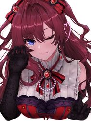  :3 absurdres ahoge bad_id bad_pixiv_id black_gloves blue_eyes blush bow bowtie breasts brooch brown_hair claw_pose closed_mouth commentary_request earrings elbow_gloves female gloves hairbow heart highres ichinose_shiki idolmaster idolmaster_cinderella_girls jewelry lace_trim lamp_p9 lips long_hair looking_at_viewer one_eye_closed red_bow red_bowtie red_ribbon ribbon sleeveless smile solo striped striped_bow two_side_up upper_body wavy_hair 