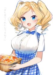  apron basket blonde_hair blue_apron blue_bow blue_bowtie blue_eyes bow bowtie bread breasts commentary_request cowboy_shot drill_hair employee_uniform female food gingham_apron high-waist_skirt honolulu_(kancolle) kantai_collection kobeya kobeya_uniform large_breasts long_hair looking_at_viewer one-hour_drawing_challenge plaid plaid_apron pleated_shirt simple_background skirt smile solo translated twin_drills twintails uniform waitress white_background yamashichi_(mtseven) 