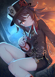  ;) bead_bracelet beads black_hat black_nails black_shorts bracelet bright_pupils brown_coat brown_hair coat dutch_angle embers feet_out_of_frame female flower flower-shaped_pupils forest genshin_impact glowing hair_between_eyes hat hat_flower hat_tassel highres hu_tao_(genshin_impact) jewelry kana_ami light_blush long_hair looking_at_viewer multiple_rings nature one_eye_closed orange_eyes ring shorts smile socks solo symbol-shaped_pupils tree twintails white_pupils white_socks 