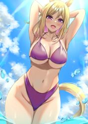  absurdres animal_ears armpits arms_behind_head azuki_(azuki_azukki) bikini blonde_hair blue_sky breasts cleavage cloud day female highleg highleg_bikini highleg_swimsuit highres horse_ears horse_girl horse_tail large_breasts narita_top_road_(umamusume) navel open_mouth outdoors presenting_armpit purple_bikini purple_eyes short_hair sky solo swimsuit tail umamusume water 