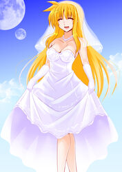  above_clouds bare_shoulders blonde_hair blue_sky bridal_veil clear_sky cloud commentary day dress engo_(aquawatery) facing_viewer fate_testarossa female gloves jewelry light_blush long_dress long_hair lyrical_nanoha mahou_shoujo_lyrical_nanoha_strikers medium_hair mizuki_nana multiple_moons necklace open_mouth pearl_necklace sidelocks skirt_hold sky smile solo standing strapless strapless_dress veil voice_actor_connection wedding_dress white_dress white_gloves 