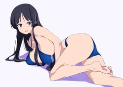  aged_up akiyama_mio ass barefoot bikini black_eyes black_hair blue_bikini blush breasts coveredcore feet female foot_out_of_frame highres hime_cut k-on! large_breasts legs long_hair looking_at_viewer lying on_side open_mouth shiny_skin soles solo swimsuit toes white_background 