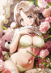  bad_id bad_twitter_id bare_shoulders blush bra breasts brown_eyes brown_hair cleavage commentary female flower hair_bun hair_ribbon highres ichikawa_hinana idolmaster idolmaster_shiny_colors large_breasts long_hair looking_at_viewer navel open_mouth panties parted_bangs ribbed_sweater ribbon single_hair_bun single_side_bun sleeveless sleeveless_turtleneck solo sonsoso stuffed_animal stuffed_toy sweater teddy_bear thighs turtleneck underwear white_sweater yellow_bra yellow_panties 