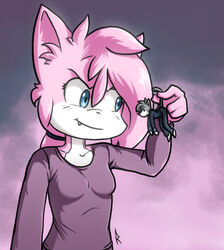  aeris_(vg_cats) anthro blue_eyes cute_fangs domestic_cat duo e-akahele evil_grin felid feline felis female fur holding_by_tail leo_(vg_cats) macro male male/female mammal micro pink_body pink_fur size_difference size_play smile vg_cats 