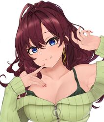  :3 absurdres ahoge bad_id bad_pixiv_id blue_eyes blush breasts brown_hair cleavage closed_mouth collarbone earrings female green_sweater green_tank_top highres ichinose_shiki idolmaster idolmaster_cinderella_girls jewelry lamp_p9 large_breasts lips long_hair long_sleeves looking_at_viewer off-shoulder_sweater off_shoulder red_nails ribbed_sweater smile solo strap_slip sweater tank_top wavy_hair zipper 